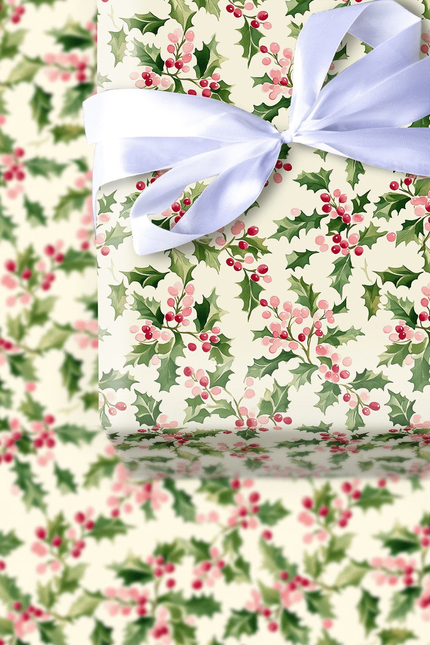 Christmas Botanical Gift Wrap, Watercolor Holly Wrapping Paper, Vintage Holiday Berry Wrapping Paper, Winter Christmas Gift W