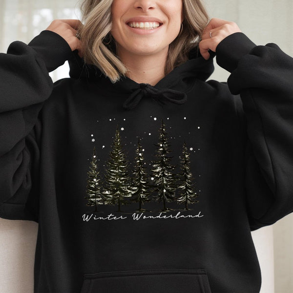 Snowy Pine Tree Graphic Hooded Sweatshirt, Winter Wonderland Hoodie, Comfy Nature Winter Forest Hoodie, Christmas Holiday Pre