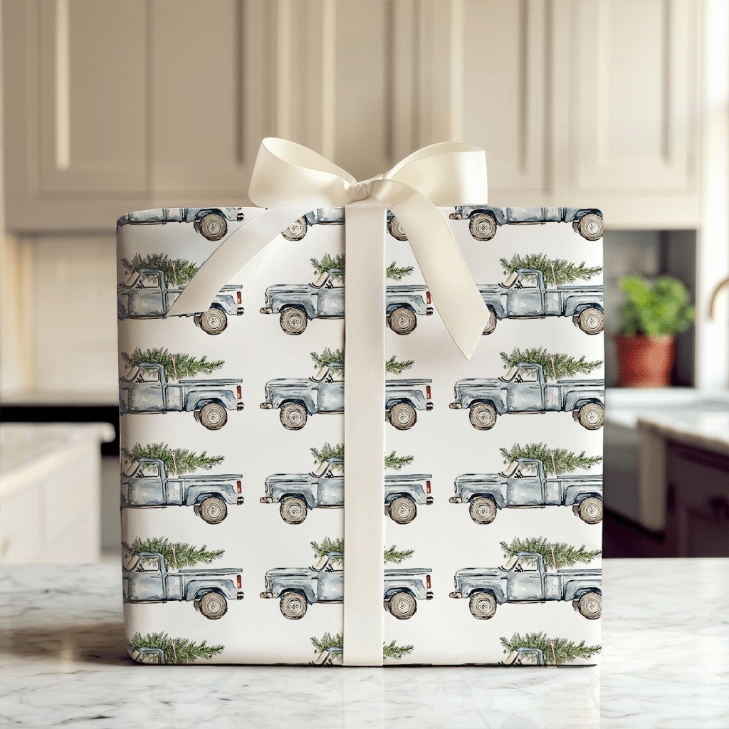 Farmhouse Tree Holiday Wrapping Paper, Vintage Blue Truck Christmas Wrapping Paper, Watercolor Rustic Xmas Gift Wrap, Winter 