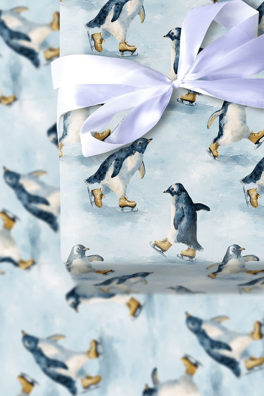 Adorable Winter Animal Gift Wrap, Ice Skating Penguin Christmas Wrapping Paper, Watercolor Holiday Wrapping Paper, Festive Ki