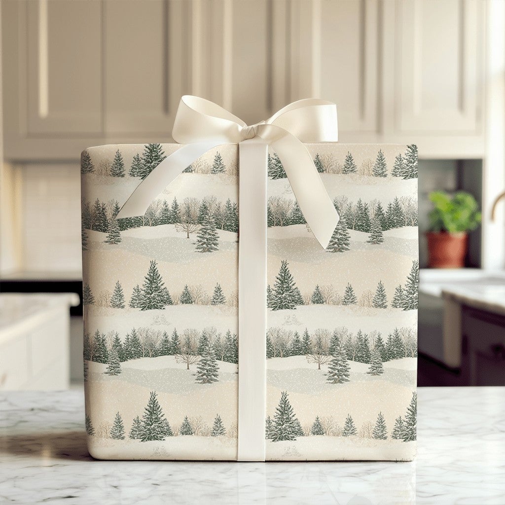 Snowy Pine Tree Gift Wrap, Winter Forest Wrapping Paper, Rustic Holiday Wrapping Paper, Scenic Woodland Gift Wrap, Christmas 