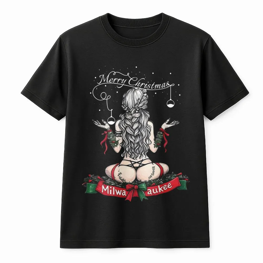 Naughty Holiday Graphic Tee, Milwaukee Christmas Pinup T-Shirt, Retro Xmas Pin Up Shirt, Humorous Secret Santa Top, Festive H