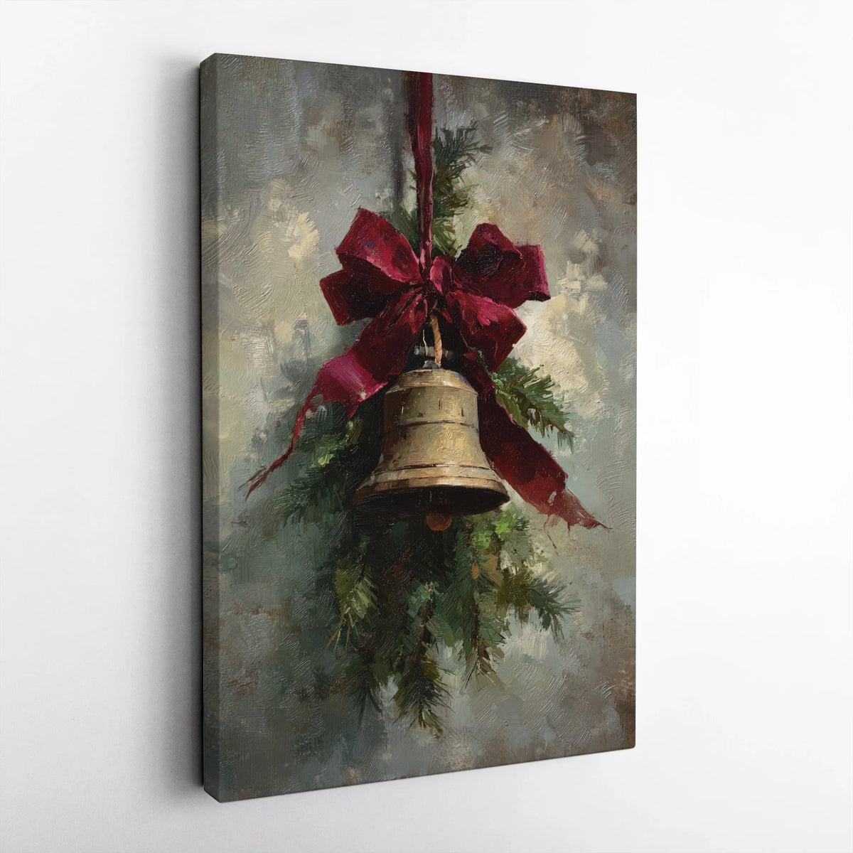 Pine Red Ribbon Canvas Wall Art, Christmas Bell Vintage Oil Painting Print, Rustic Holiday Canvas Decor, Xmas Present Digital