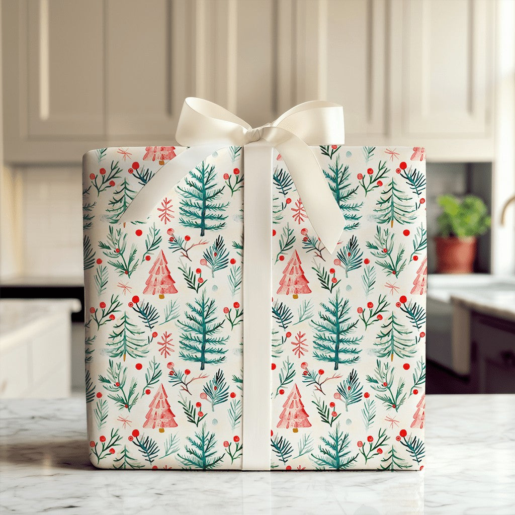 Rustic Winter Forest Gift Wrap, Watercolor Pine Tree Wrapping Paper, Christmas Holly Berry Wrapping Paper, Holiday Present Wr