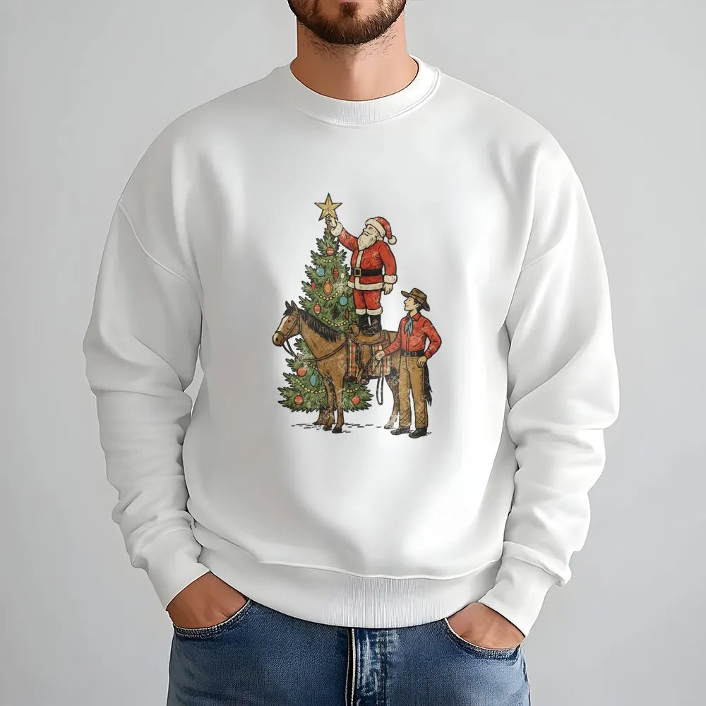 Christmas Horse Graphic Crewneck, Western Cowboy Santa Sweatshirt, Retro Country Holiday Sweater, Western Rodeo Pullover, Xma