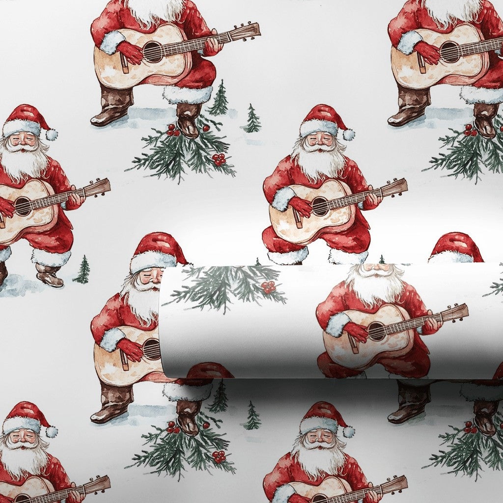 Acoustic Guitar Santa Wrapping Paper, Watercolor Santa Guitar Wrapping Paper, Musician Christmas Wrapping Paper, Holiday Gift