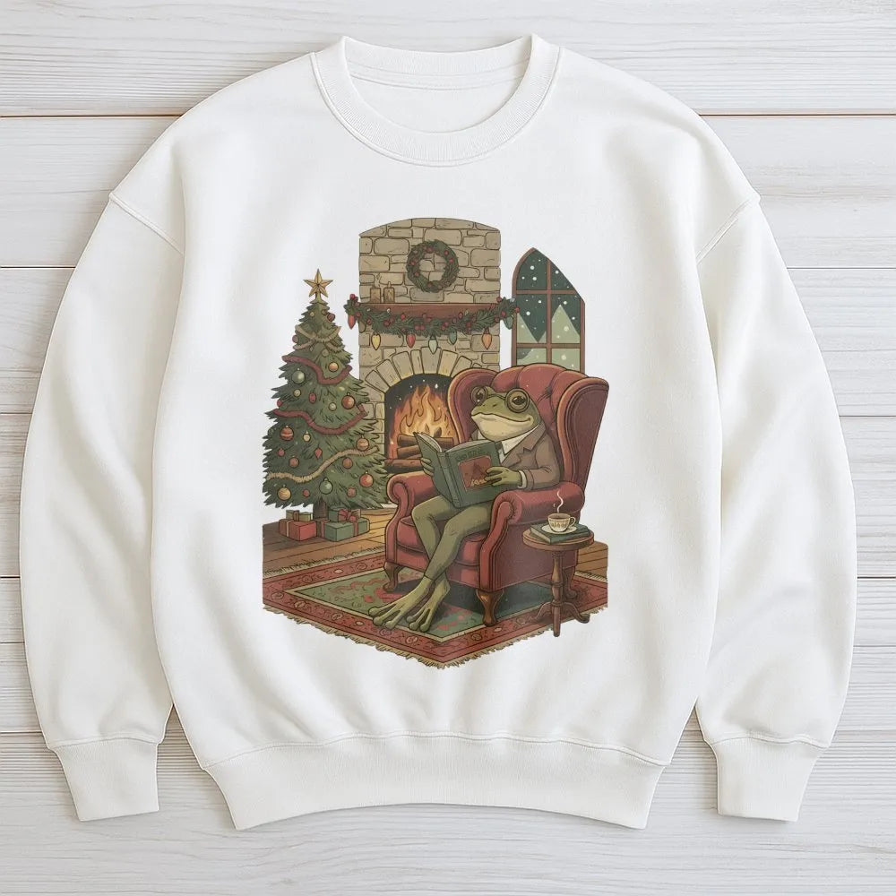 Comfy Cabin Bookish Crewneck, Reading Frog Christmas Sweatshirt, Adorable Frog Book Lover Pullover, Holiday Reader Sweatshirt