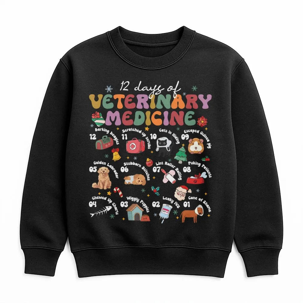 Retro Vet Tech Christmas Crewneck, 12 Days of Veterinary Medicine Sweatshirt, Humorous Animal Doctor Sweater, Holiday Vet Cli
