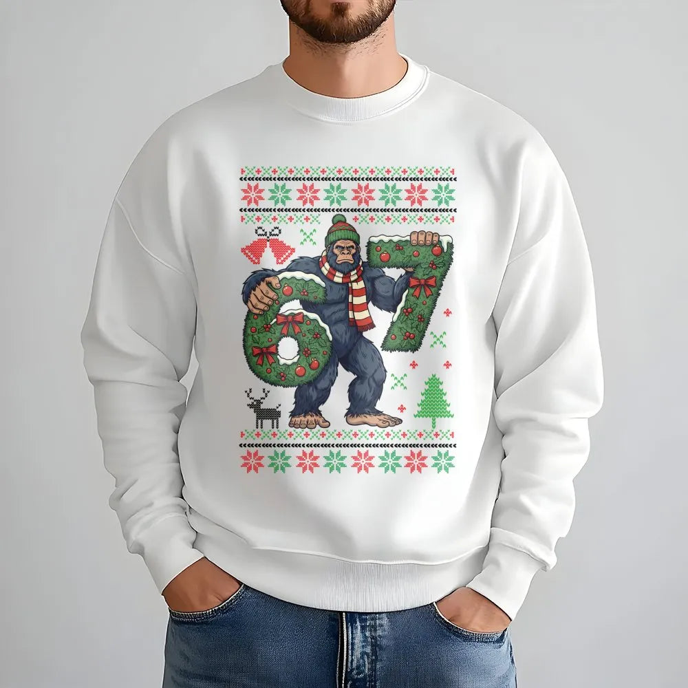 Humorous Sasquatch Christmas Sweatshirt, Bigfoot 67 Christmas Sweatshirt, Ugly Pattern Holiday Sweatshirt, Winter Sasquatch C