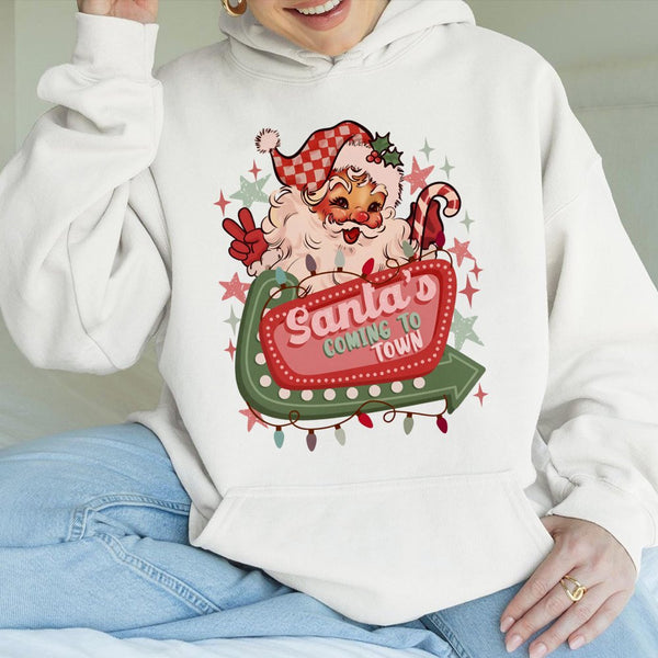 Santa's Coming to Town Graphic Hooded Sweatshirt, Retro Santa Hoodie, Vintage Christmas Pullover, Festive Santa Claus Hoodie 