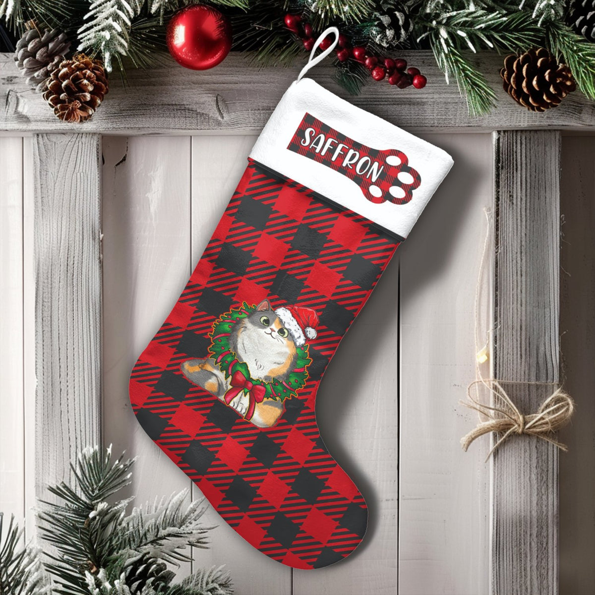 Calico Kitty Santa Hat Stocking, Personalized Cat Christmas Stocking, Custom Pet Christmas Stocking, Velboa Holiday Decor for