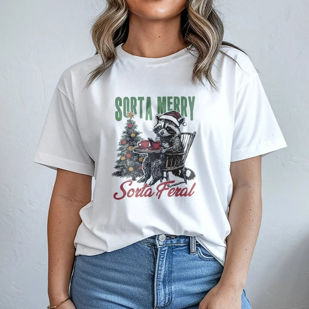 Humorous Christmas Animal Graphic Tee, Sorta Merry Sorta Feral Raccoon T-Shirt, Sarcastic Raccoon Shirt, Holiday Winter Trash