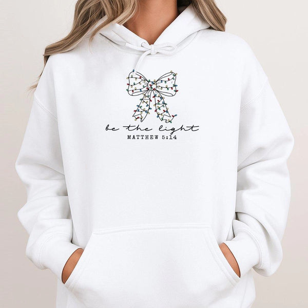 Matthew 5:16 Christmas Bow Hooded Sweatshirt, Be the Light Hoodie, Bible Verse Hoodie, Christian Faith Apparel, Scripture Pre