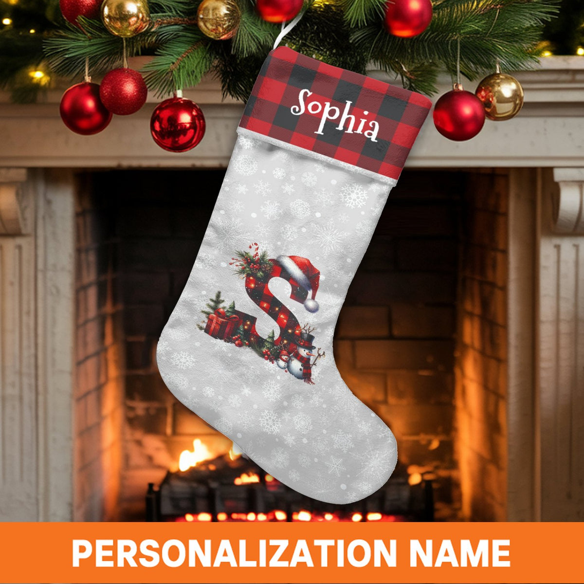 Red Buffalo Plaid Initial Holiday Stocking, Personalized Monogram Christmas Stocking, Custom Name Winter Stocking, Family Fir