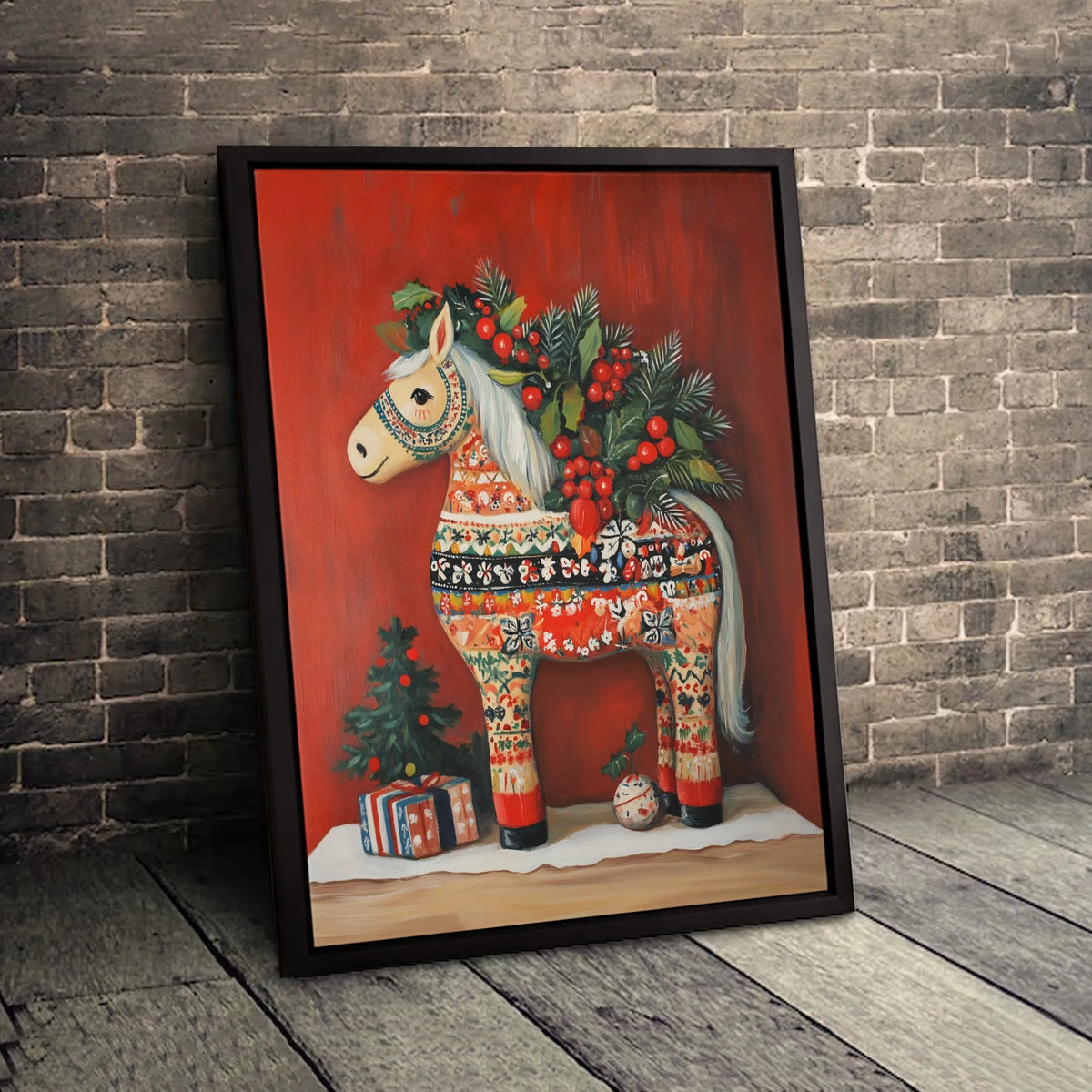 Scandinavian Folk Art Canvas Wall Art, Dala Horse Canvas Print, Festive Christmas Canvas Art, Nordic Holiday Wall Decor, Wint