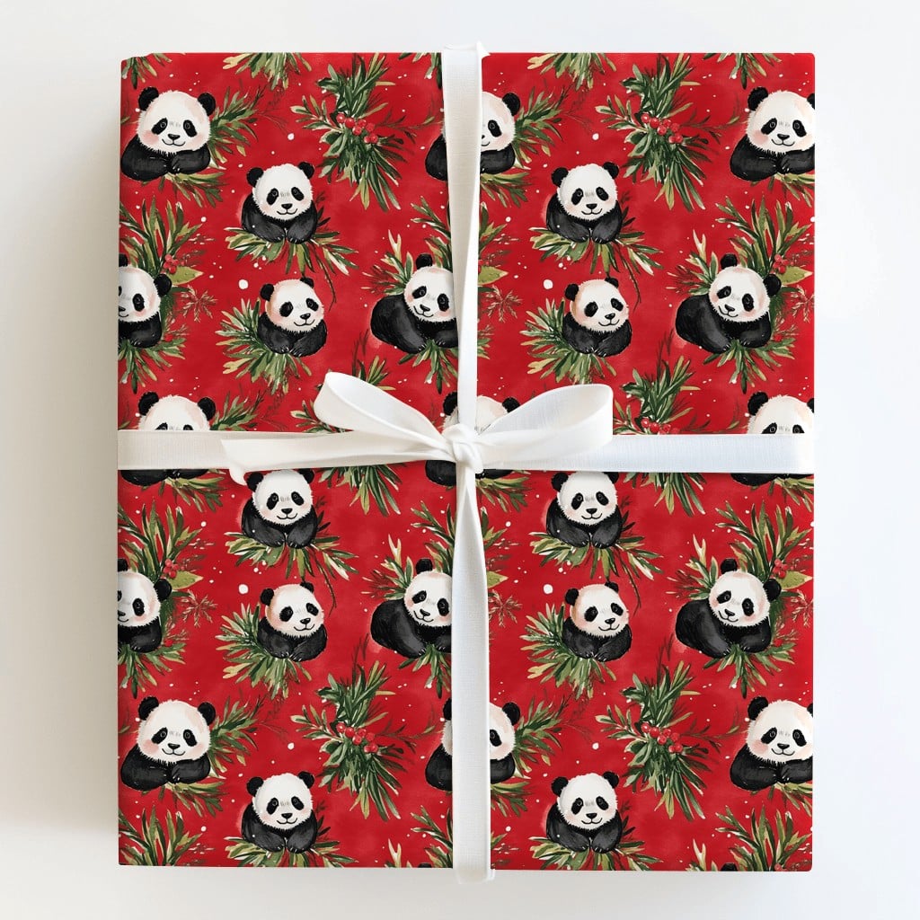 Holly and Berry Gift Wrap, Christmas Panda Bear Wrapping Paper, Red Holiday Wrapping Paper, Adorable Animal Lover Festive Gif
