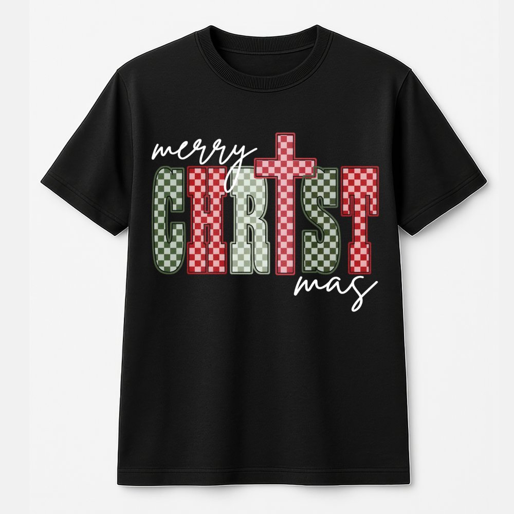 Plaid Pattern Religious Graphic Tee, Merry Christmas Cross T-Shirt, Christian Holiday Faith Shirt, Xmas Church Group Present