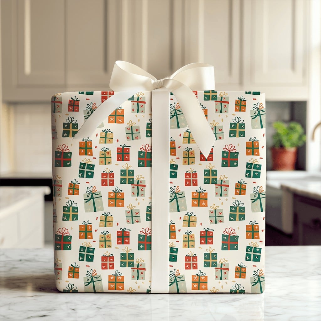 Whimsical Gift Box Wrap, Colorful Present Wrapping Paper, Retro Christmas Boxes Wrapping Paper, Festive Winter Holiday Wrappi