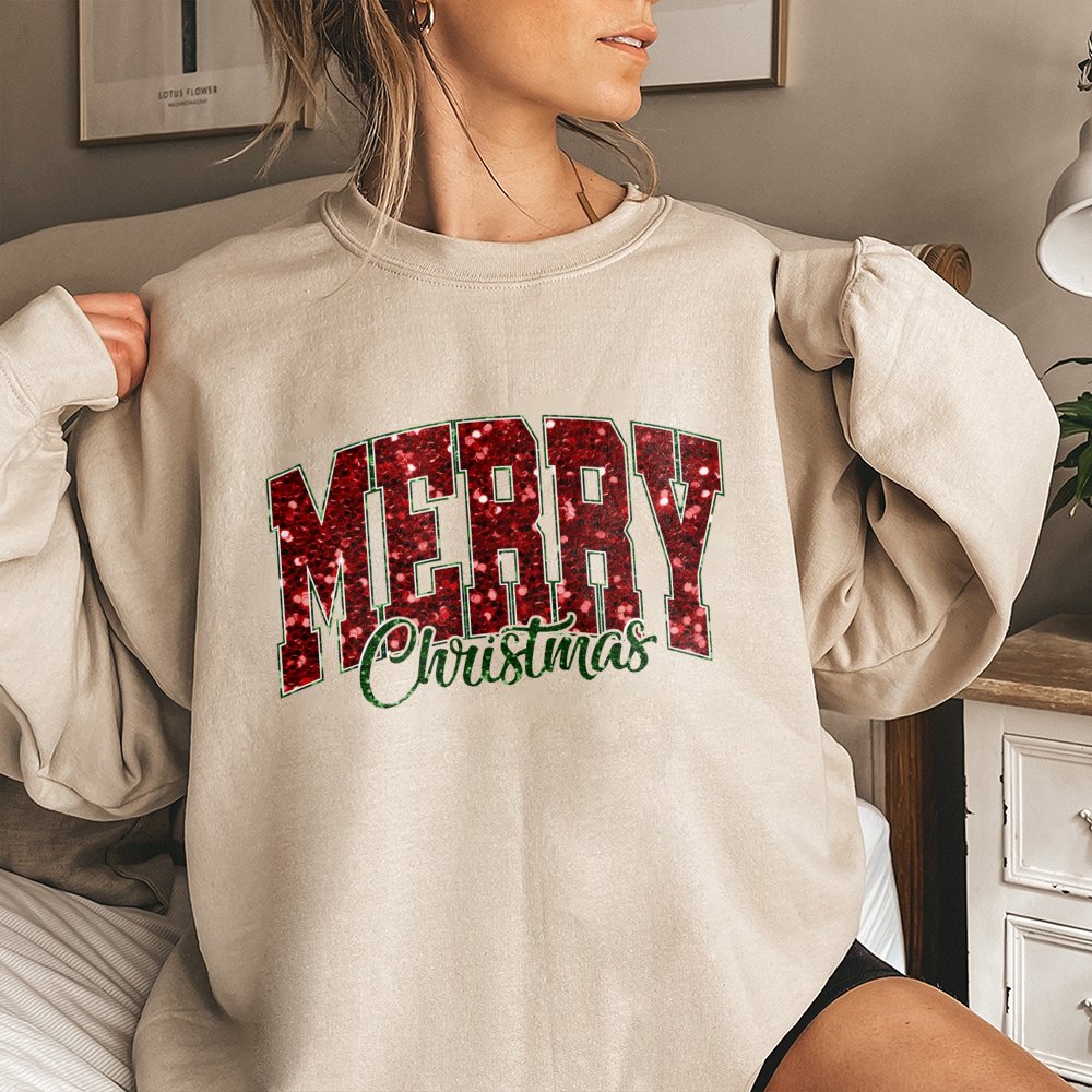 Varsity Lettering Holiday Crewneck, Red Glitter Merry Christmas Sweatshirt, Retro Christmas Sweater, Comfy Pullover, Xmas Pre