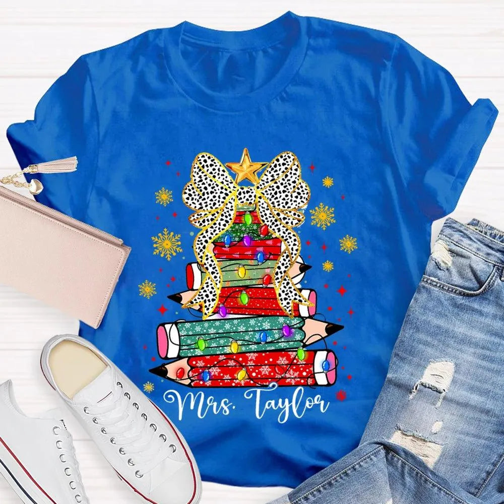 Custom Name Pencil Snowflake Tee, Personalized Teacher Christmas Tree Shirt, Holiday Teacher T-Shirt, Christmas Teacher Prese
