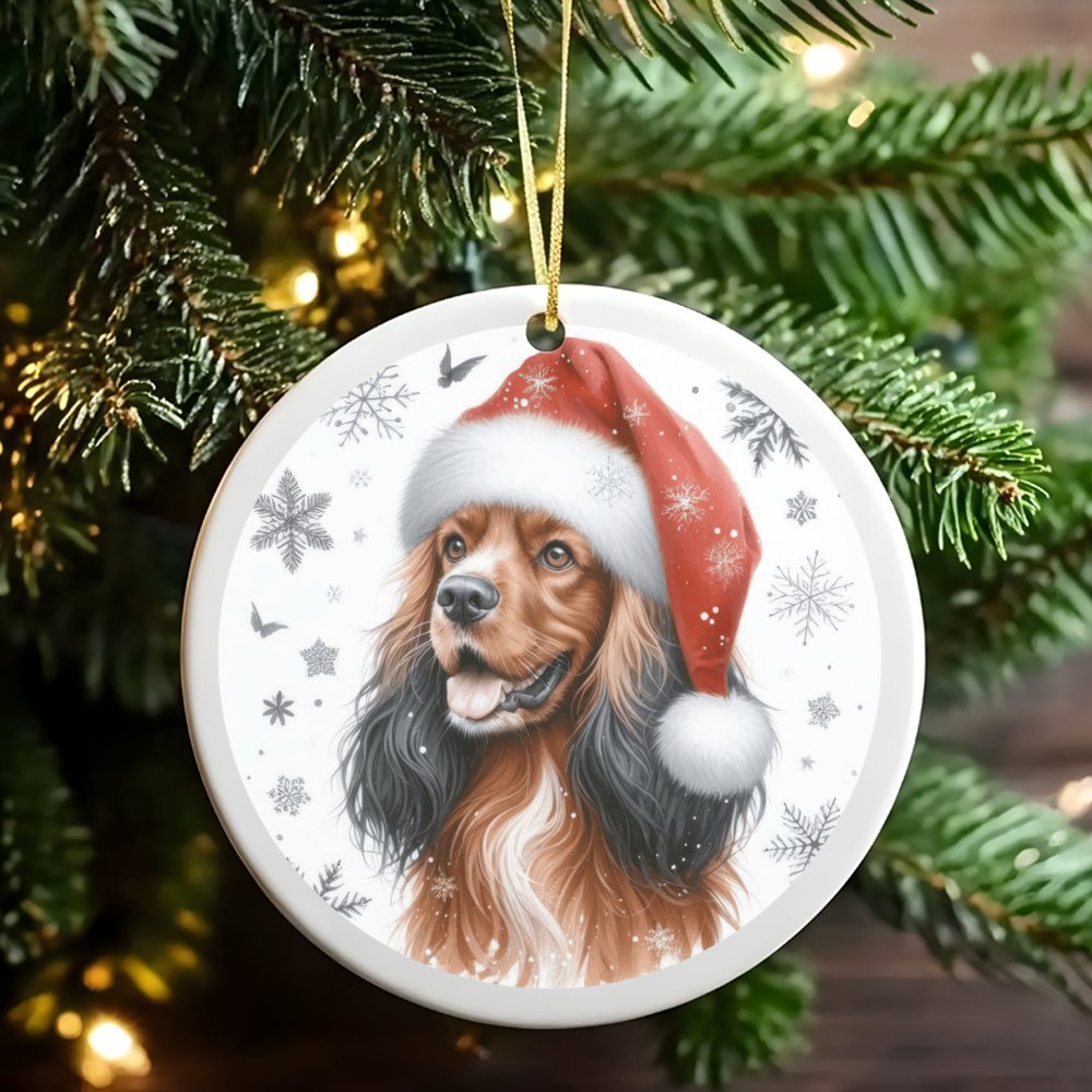 Dog in Santa Hat Ceramic Ornament, Cocker Spaniel Christmas Ornament, Festive Puppy Tree Decoration, Holiday Dog Lover Keepsa