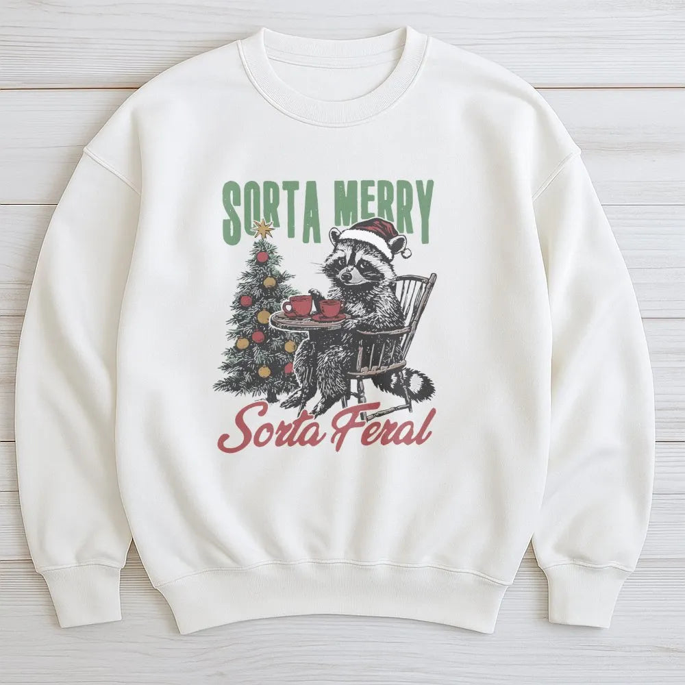 Humorous Christmas Animal Sweatshirt, Sorta Merry Sorta Feral Raccoon Sweatshirt, Sarcastic Holiday Crewneck, Winter Trash Pa