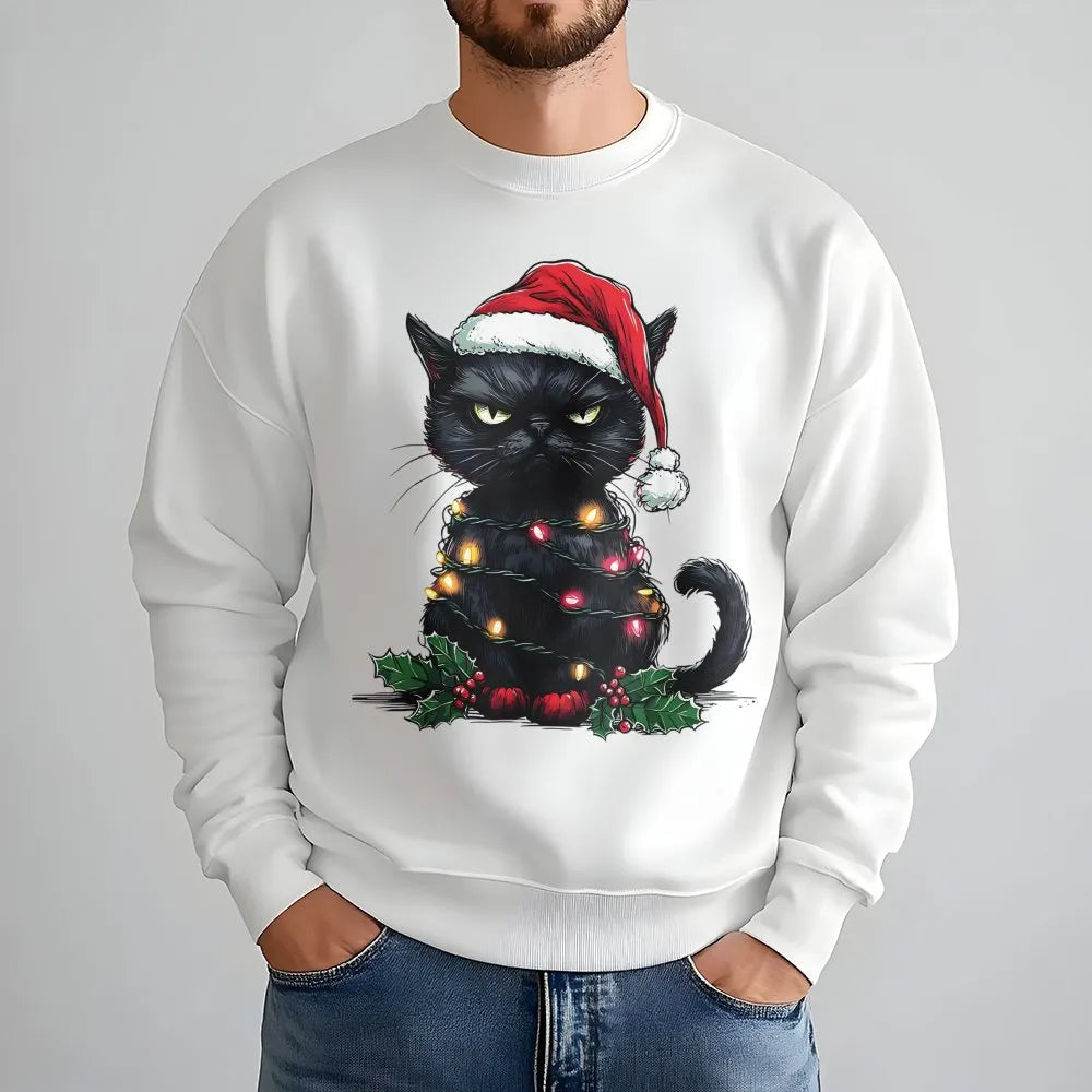 Tangled Lights Cat Sweater, Grumpy Black Cat Christmas Sweatshirt, Humorous Holiday Cat Crewneck, Spooky Adorable Xmas Sweats