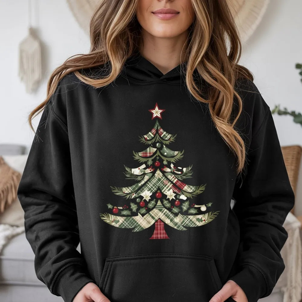 Festive Holiday Graphic Hooded Sweatshirt, Vintage Plaid Christmas Tree Hoodie, Comfy Winter Tree Pullover, Xmas Holiday Seas