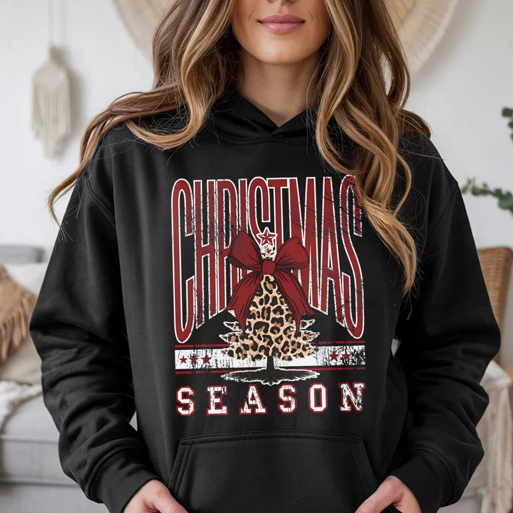 Christmas Season Hoodie, Leopard Print Bow Tree Hoodie, Adorable Coquette Holiday Tree Hooded Sweatshirt, Comfy Xmas Hoodie, 