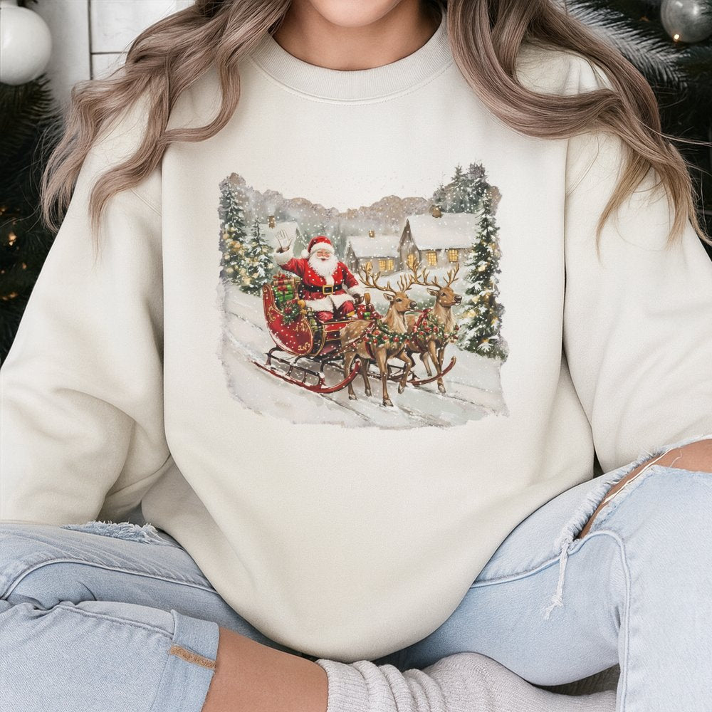 Santa Claus Reindeer Sleigh Crewneck, Vintage Christmas Village Sweatshirt, Retro Winter Holiday Scene Pullover, Comfy Xmas T