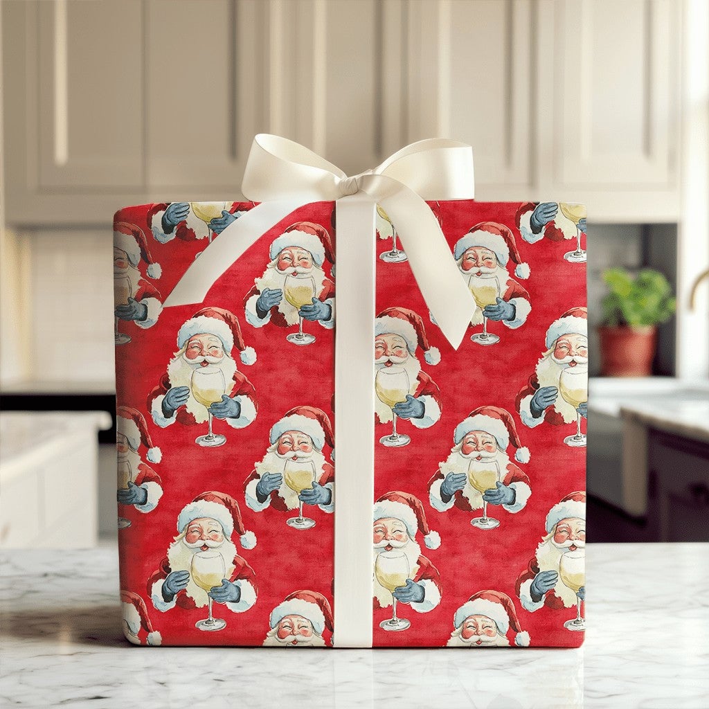 Humorous Red Christmas Gift Wrap, Santa Drinking White Wine Wrapping Paper, Jolly Santa Wine Lover Wrapping Paper, Holiday Pa