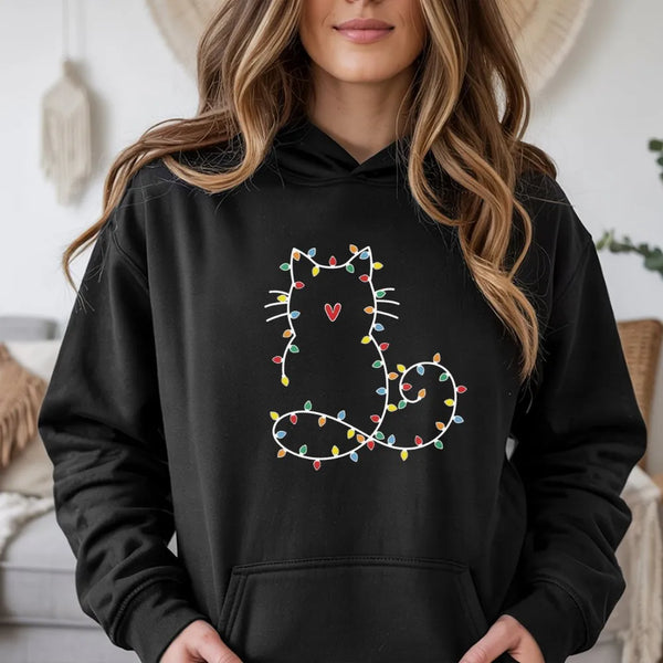Fairy Lights Kitty Sweatshirt, Cat Christmas Hoodie, Adorable Cat Holiday Hooded Pullover, Festive Kitten Christmas Hoodie, P