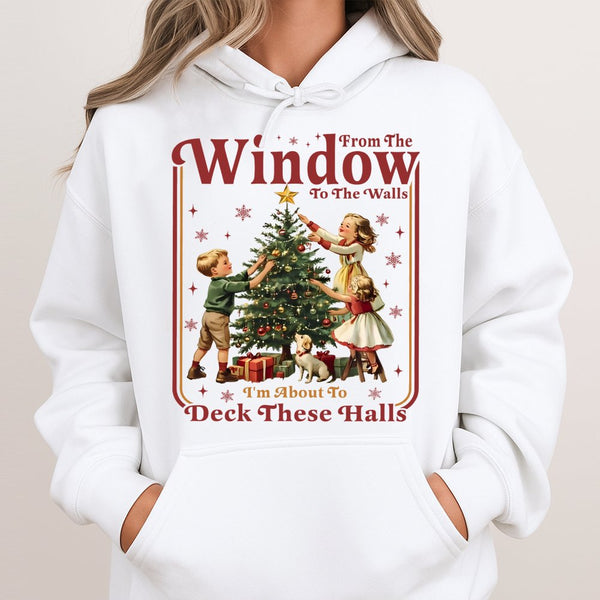 Retro Deck the Halls Hooded Sweatshirt, Humorous Christmas Hoodie, Holiday Graphic Pullover Hoodie, Winter Xmas Sweater Prese