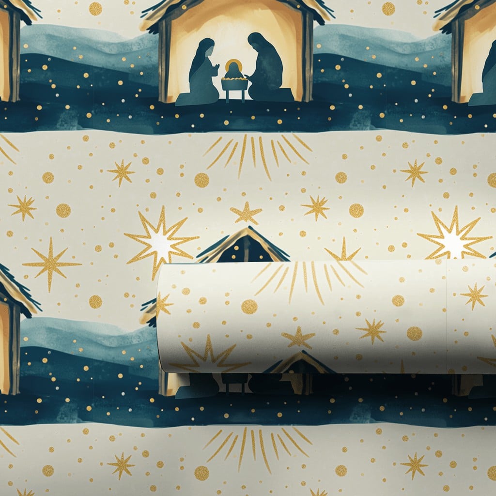 Holy Family Manger Gift Wrap, Nativity Scene Christmas Wrapping Paper, Starry Night Religious Holiday Wrapping Paper, Christi