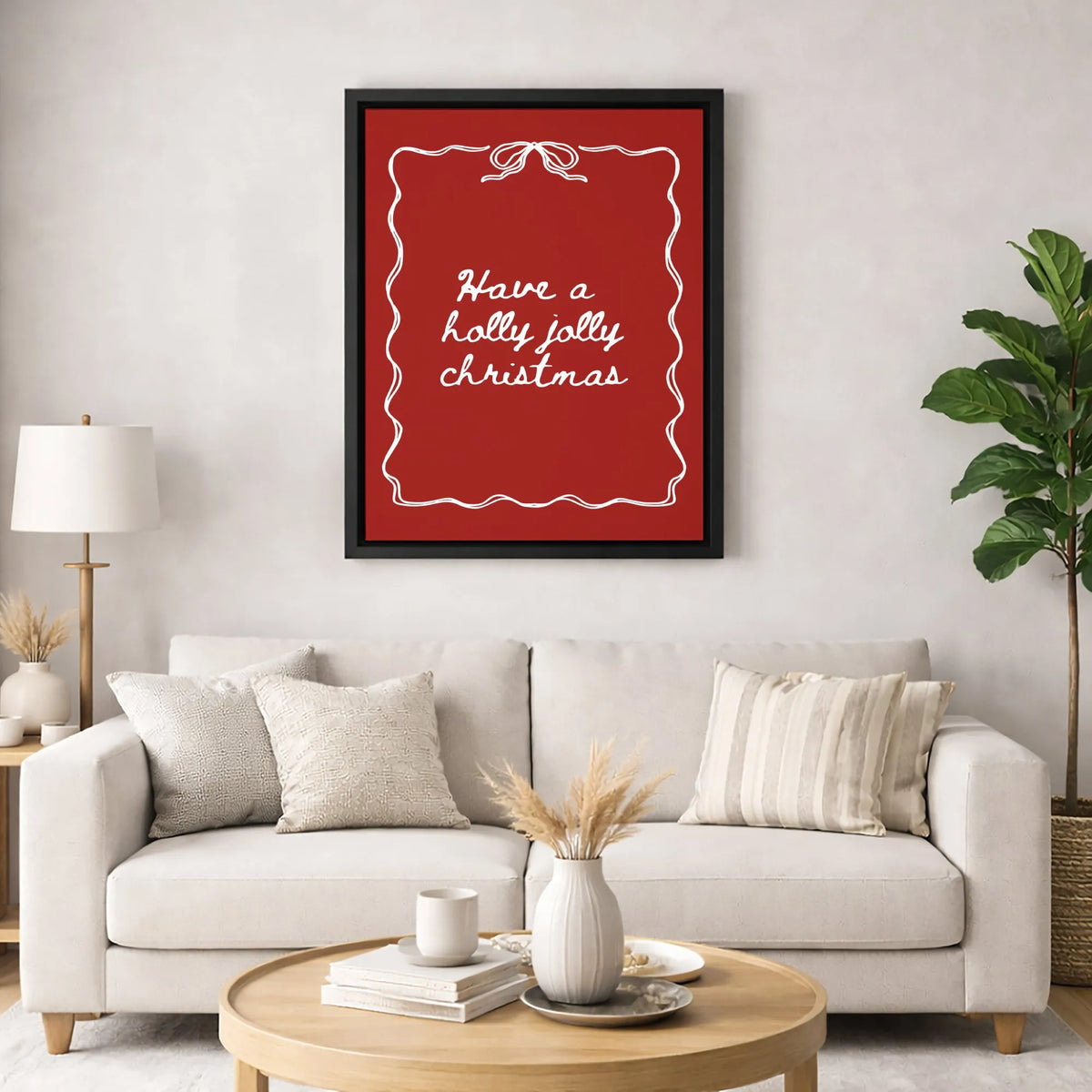 Red Cursive Holiday Canvas, Holly Jolly Christmas Canvas Print, Festive Quote Wall Art Canvas, Xmas Living Room Decor, Holida