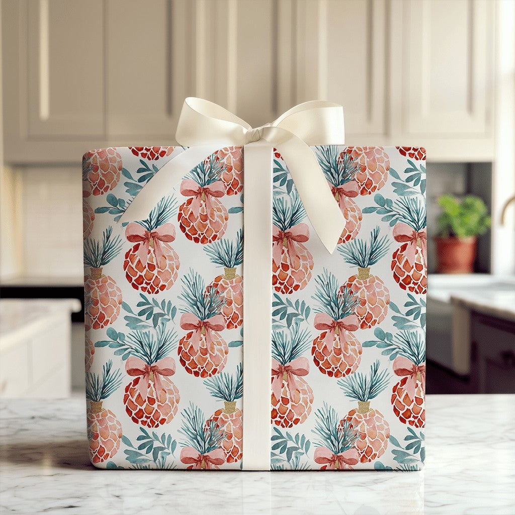 Tropical Holiday Gift Wrap, Christmas Pineapple Wrapping Paper, Watercolor Pineapple Wrapping Paper, Festive Winter Adorable 