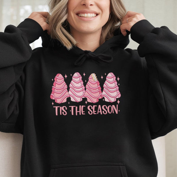 Tis the Season Sweatshirt, Pink Christmas Tree Cake Hoodie, Retro Holiday Cake Pullover, Comfy Xmas Hooded Sweater Present fo