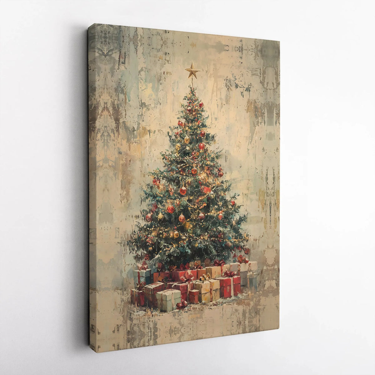 Vintage Tree with Wrapped Presents Print, Rustic Christmas Tree Wall Art, Comfy Holiday Art Poster, Seasonal Digital Download