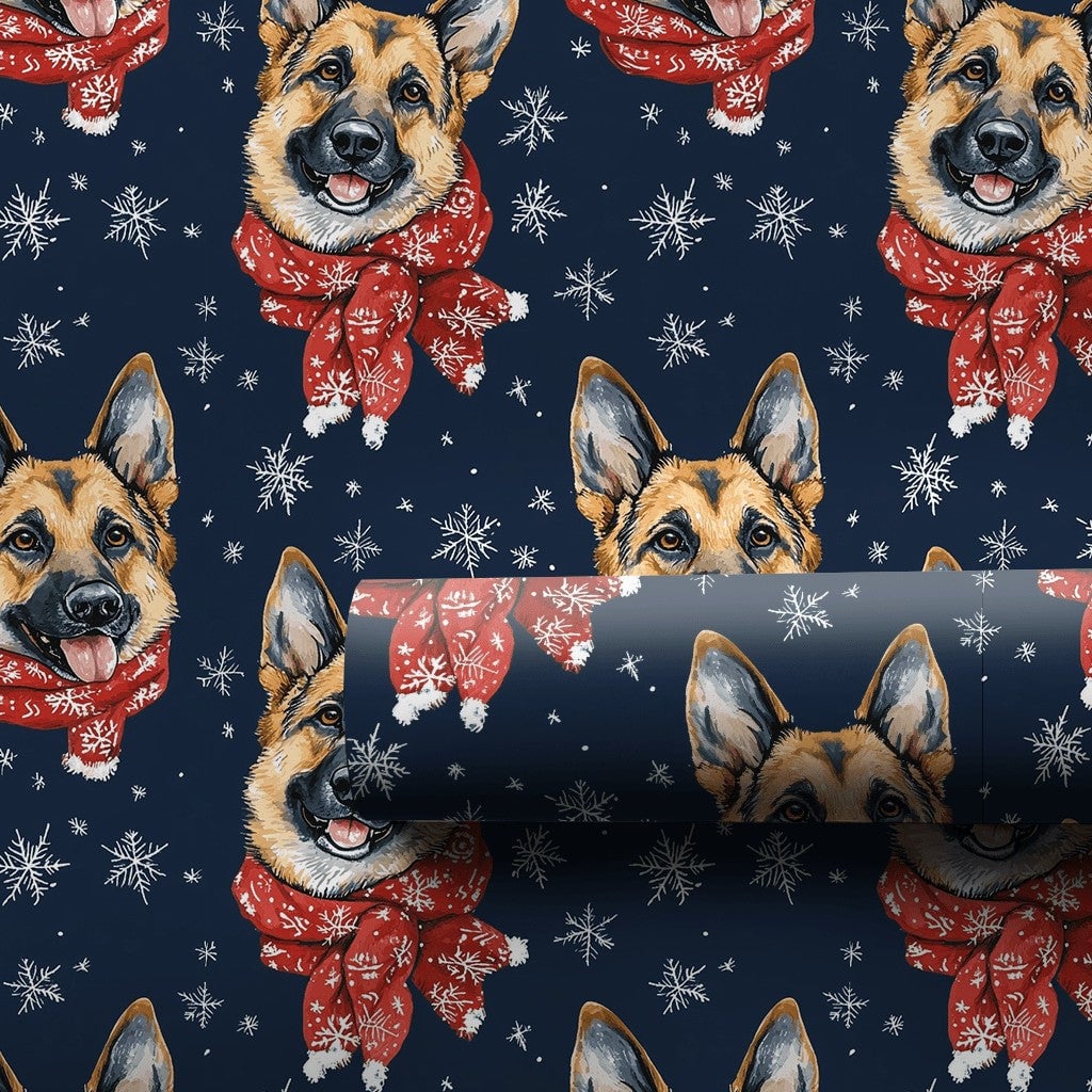 Winter Dog Gift Wrap, German Shepherd Christmas Wrapping Paper, Red Scarf Snowflake Wrapping Paper, Holiday Dog Lover Gift Wr
