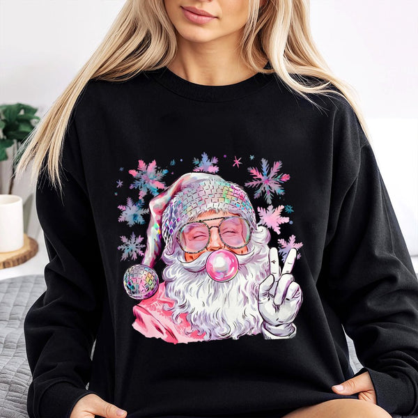 Disco Ball Hat Christmas Sweatshirt, Pink Santa Sweatshirt, Retro Bubble Gum Santa Sweater, Trendy Holiday Crewneck, Present 
