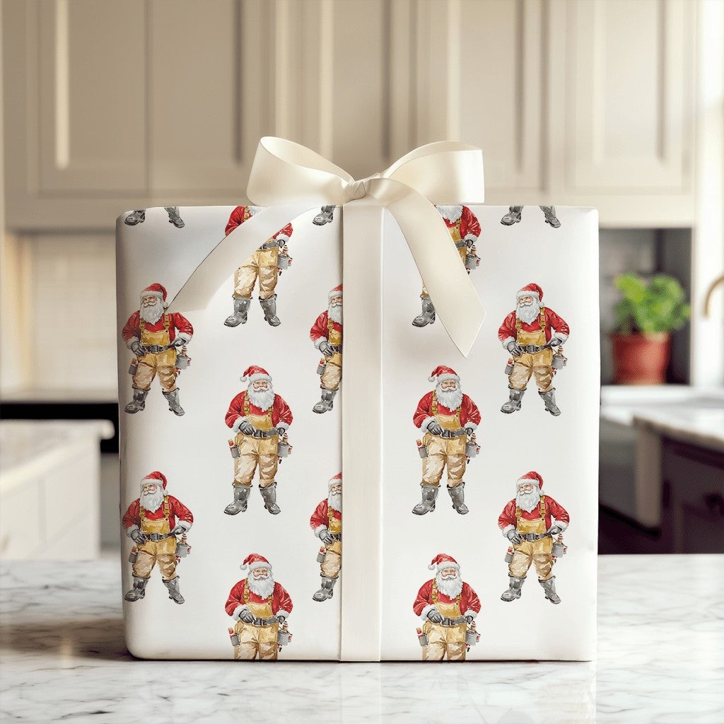 Tan Overalls Santa Claus Gift Wrap, Carpenter Santa Wrapping Paper, Handyman DIY Christmas Wrapping Paper, Builder Holiday Pr