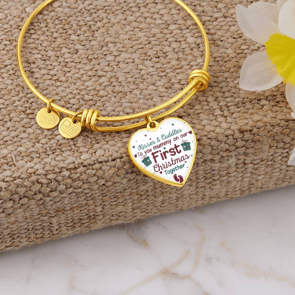 Mummy Keepsake Bracelet, First Christmas Heart Bangle, Silver Tone New Mom Charm Bracelet, Holiday Season Keepsake Present fo