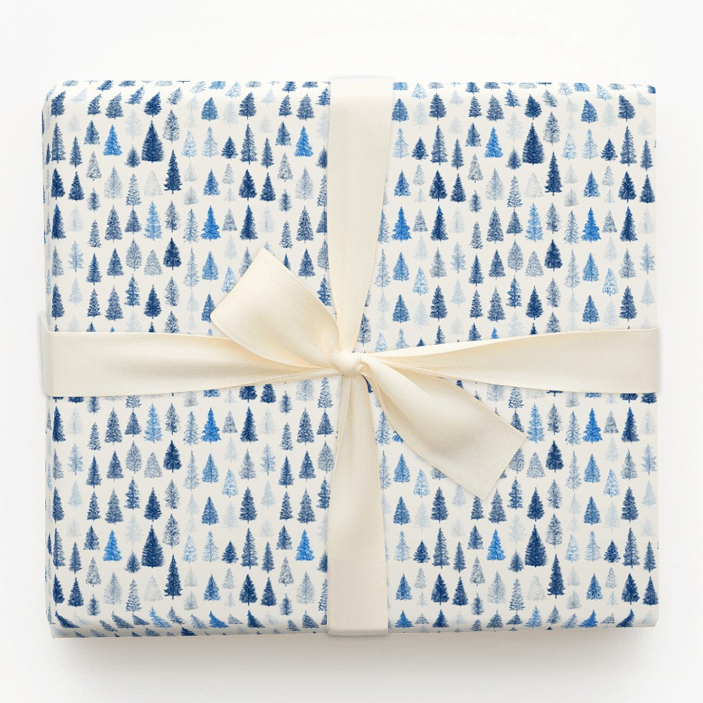 Winter Forest Holiday Gift Wrap, Blue Pine Tree Wrapping Paper, Woodland Pine Tree Wrapping Paper, Christmas Tree Gift Wrap R