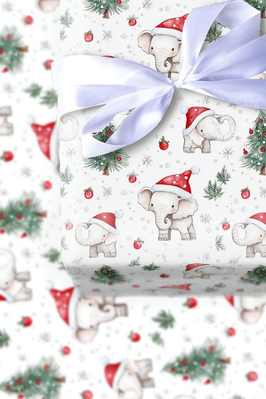 Santa Hat Holiday Gift Wrap, Baby Elephant Christmas Wrapping Paper, Adorable Watercolor Animal Wrapping Paper, Kids Christma