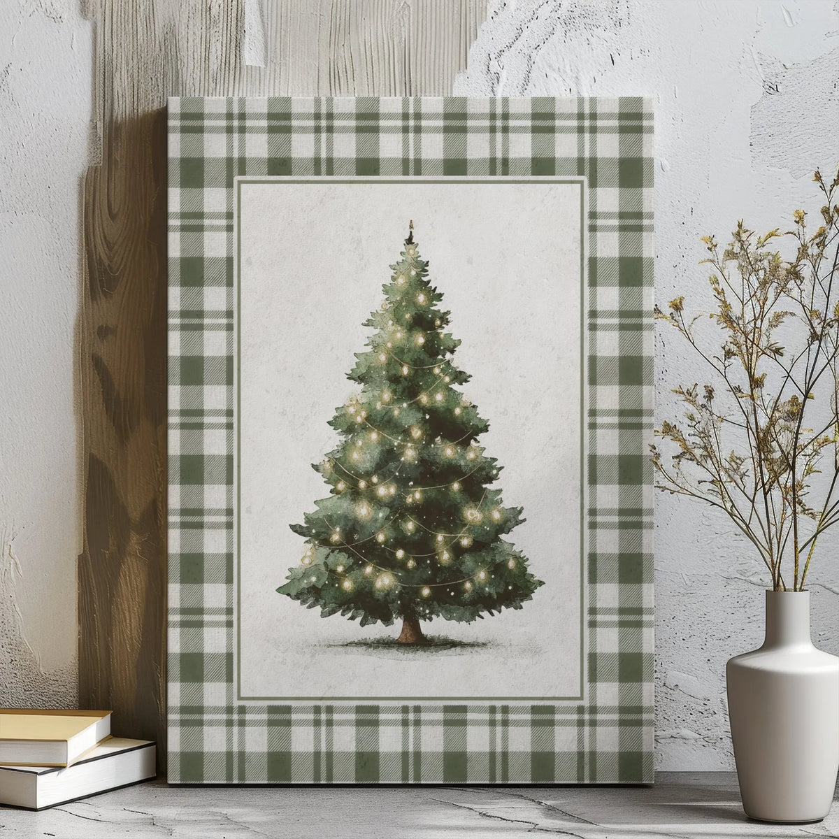 Vintage Holiday Wall Art, Rustic Green Plaid Christmas Tree Digital Download, Festive Winter Botanical Poster, Printable Farm