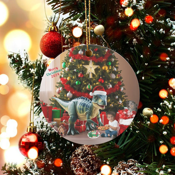 Boy and Dog Dino Tree Ornament, Dinosaur Eating Pizza Christmas Ornament, Adorable 2024 Holiday Ornament, Kids Ceramic Orname