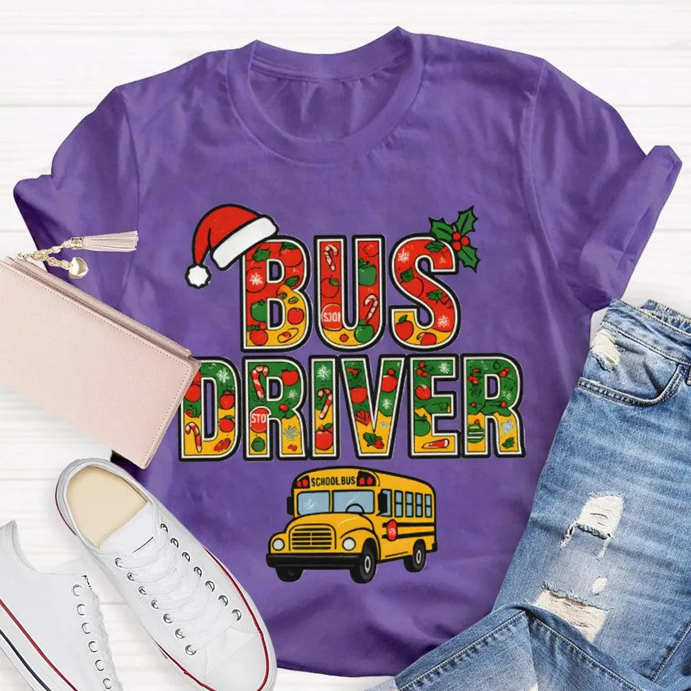 Santa Hat Bus Driver Graphic Tee, School Bus Driver Christmas T-Shirt, Humorous Holiday Driver Shirt, Transportation Staff Xm