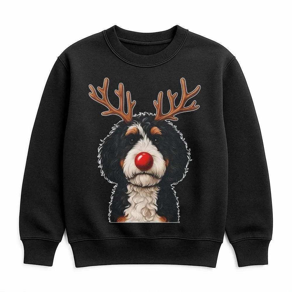 Humorous Reindeer Dog Sweatshirt, Bernadoodle Christmas Sweatshirt, Holiday Bernedoodle Crewneck, Comfy Dog Lover Xmas Graphi