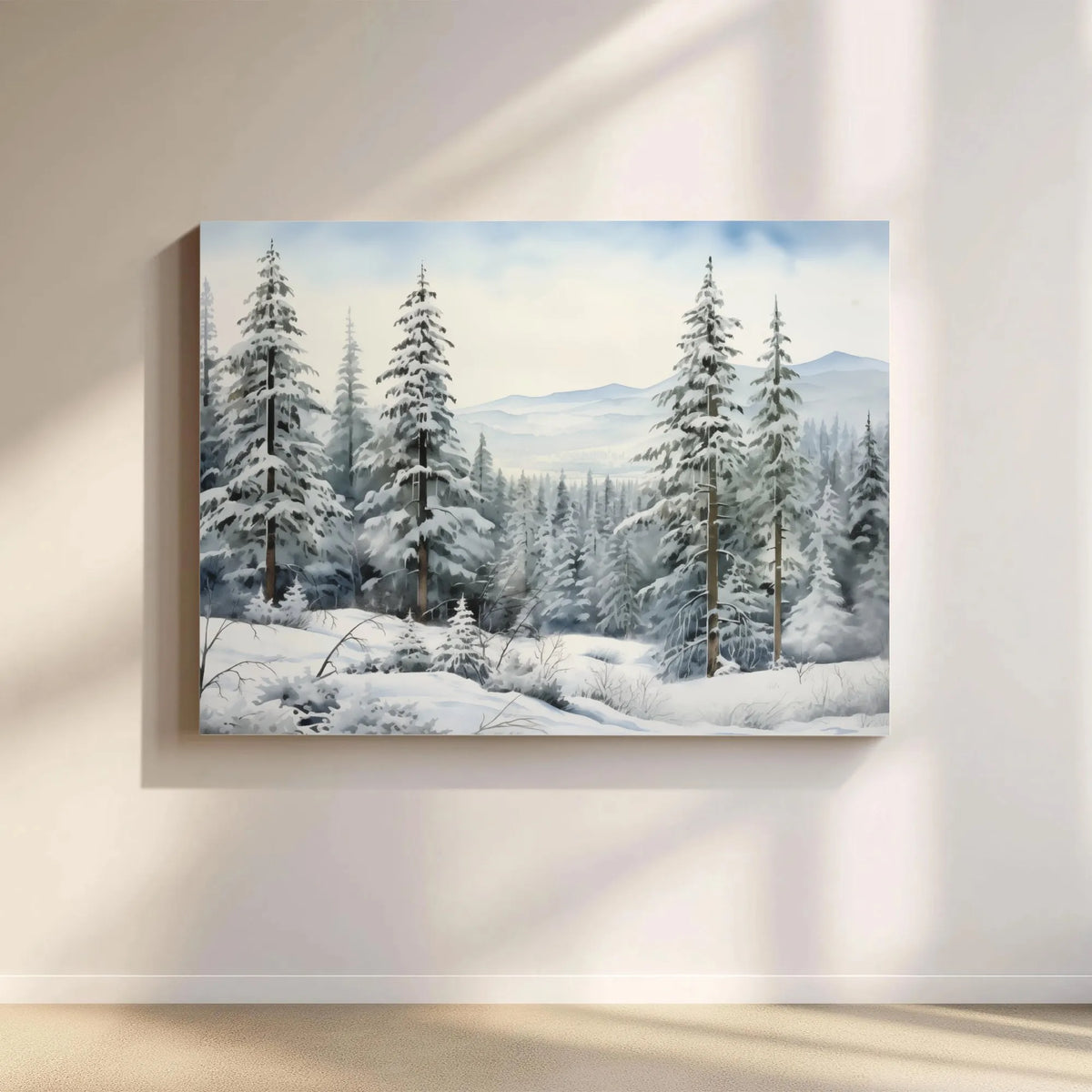 Snowy Pine Landscape Painting Print, Winter Forest Canvas Wall Art, Peaceful Holiday Season Decor, Rustic Christmas Tree Art 