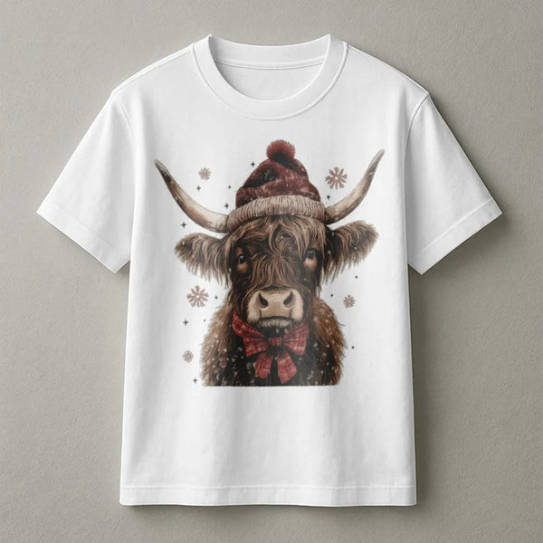 Santa Hat Cow T-Shirt, Christmas Highland Cow Shirt, Plaid Bow Holiday Tee, Farmhouse Christmas T-Shirt, Festive Cow Graphic 